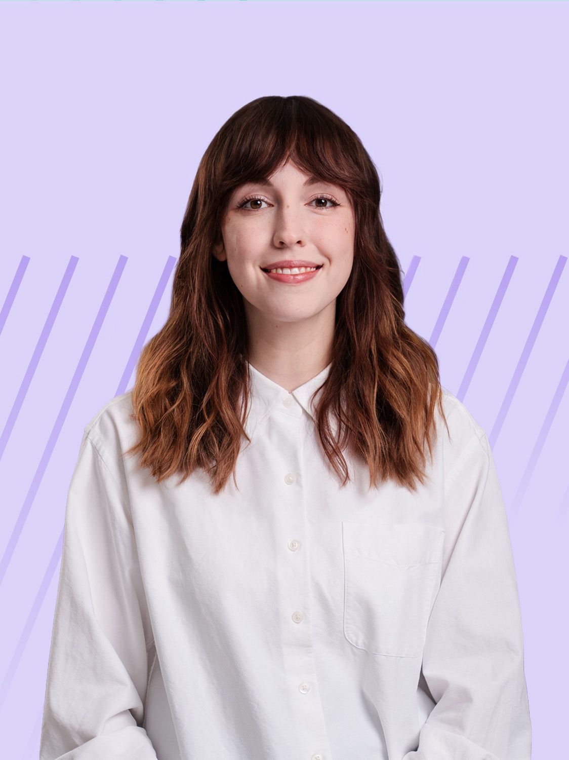 A young woman with shoulder-length brown hair and bangs smiles at the camera against a light purple background with diagonal lines.