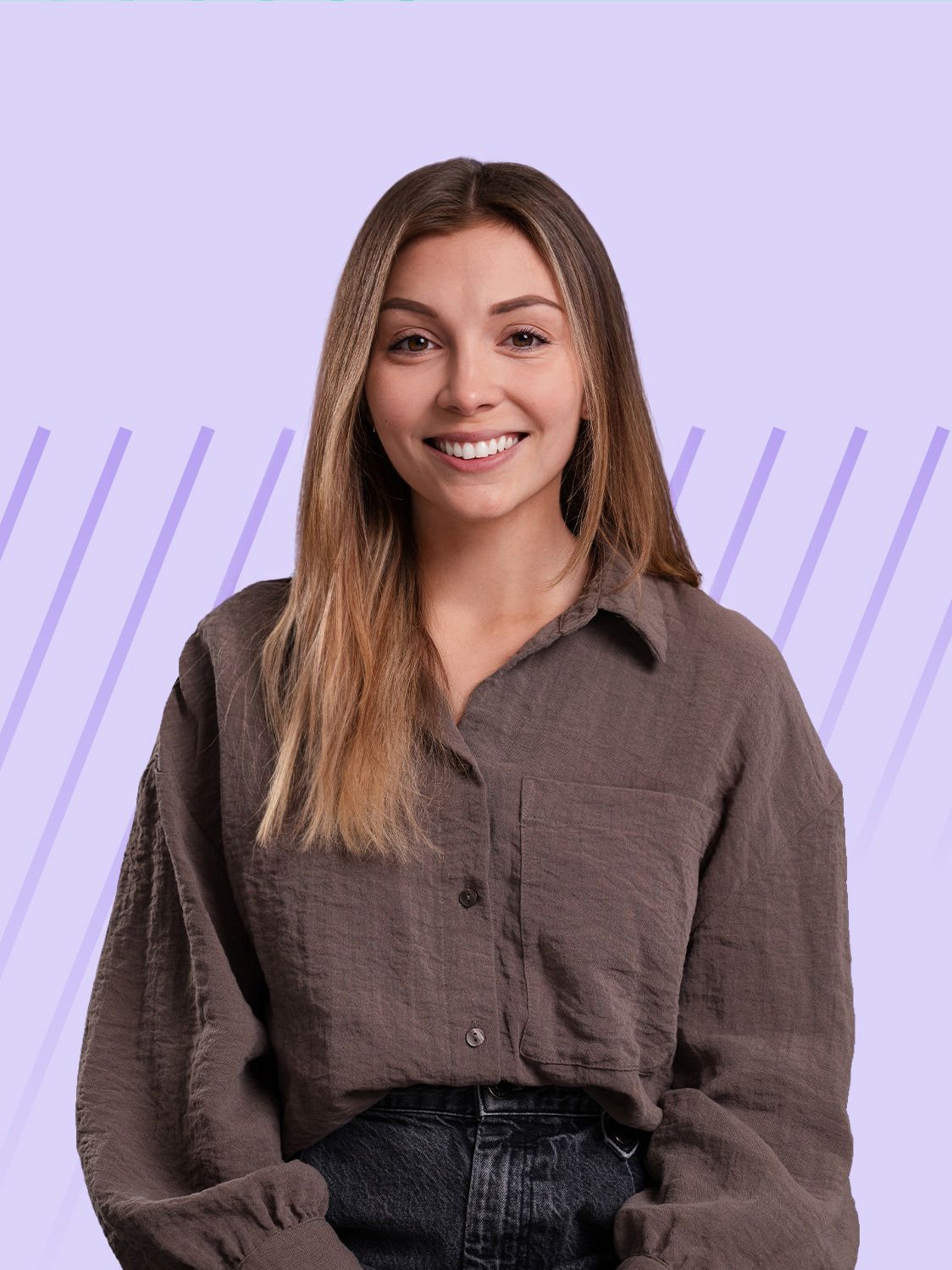 A smiling young woman with long blonde hair, wearing a brown collared shirt.