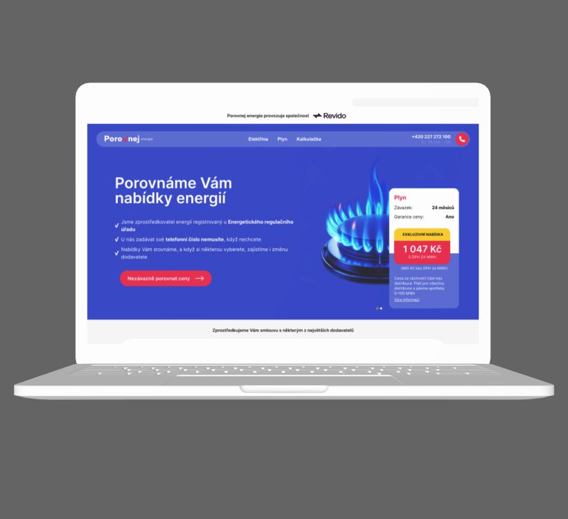 A white laptop displays a blue energy comparison website with a gas flame illustration.