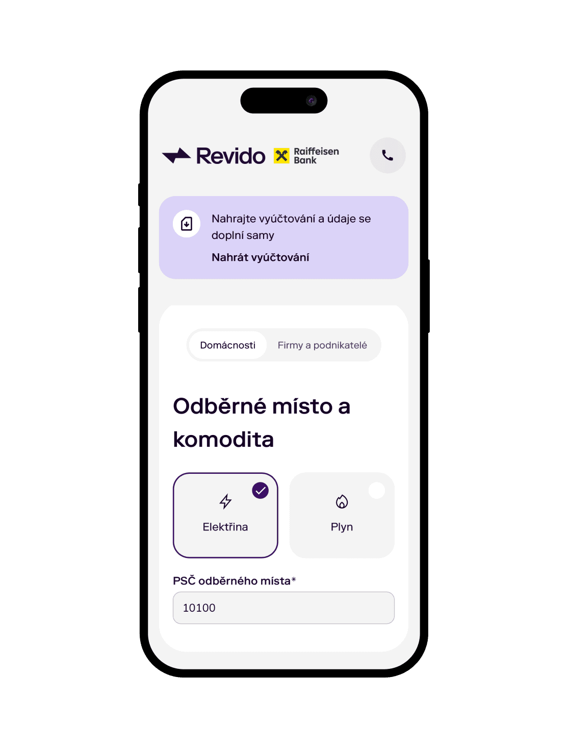 Smartphone displaying the Revido app interface for setting up pickup location and commodity.