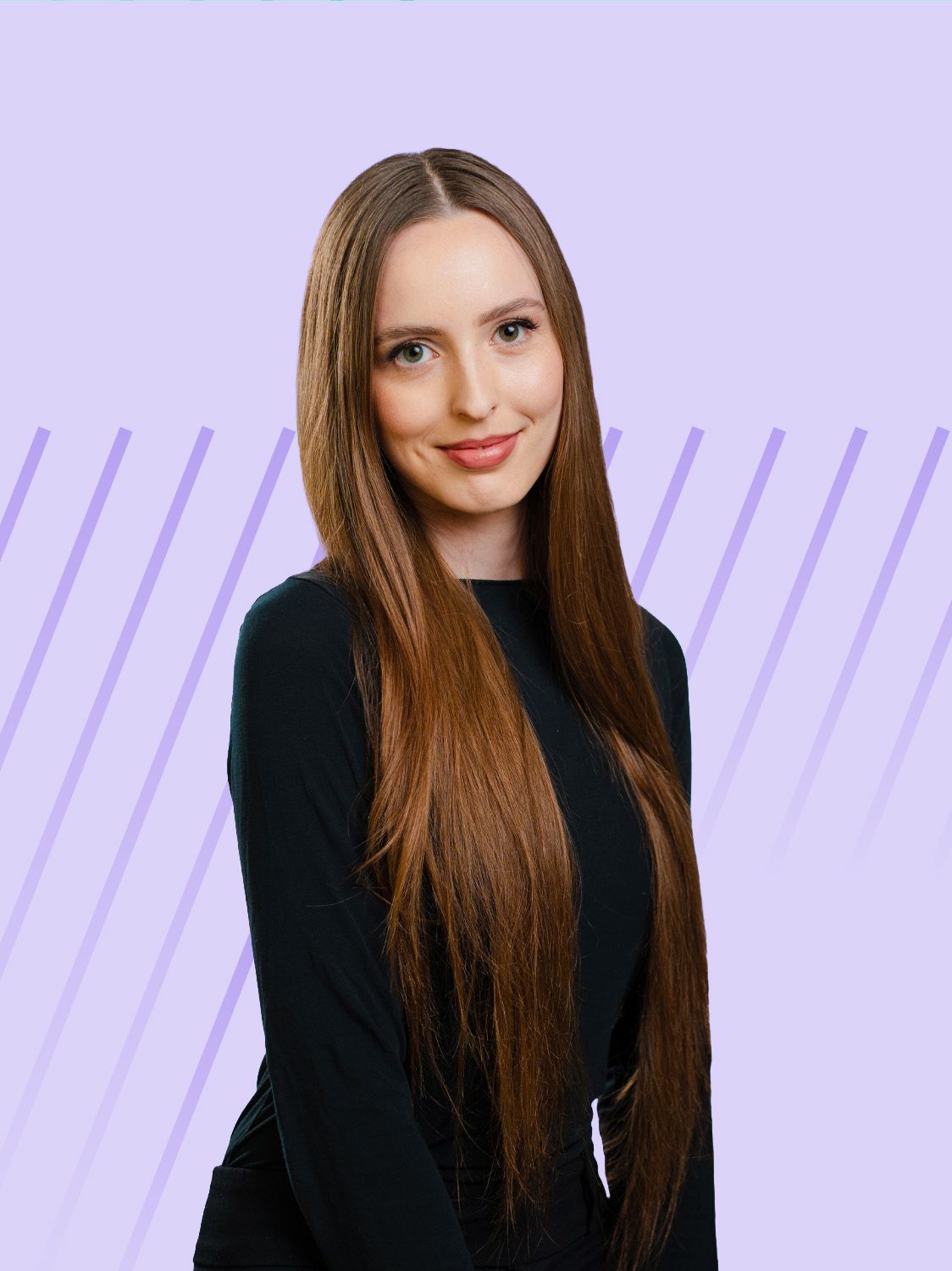 Young woman with long brown hair smiling against a purple background.