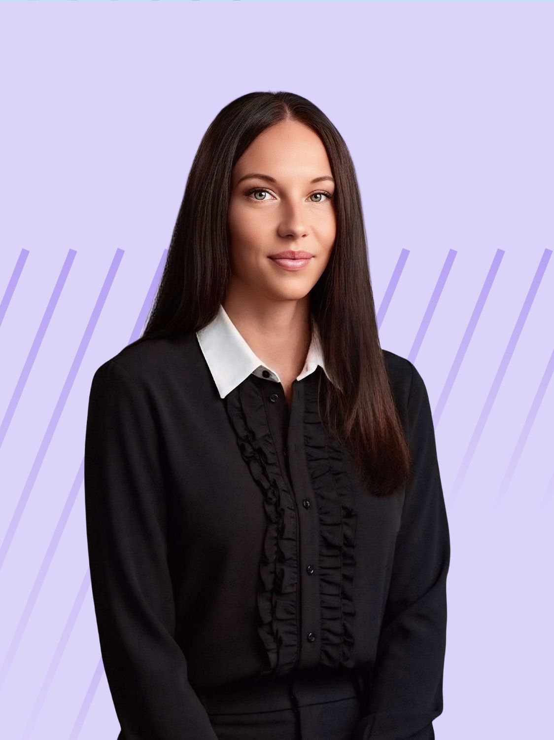 A young woman with long dark hair smiles confidently against a purple background.