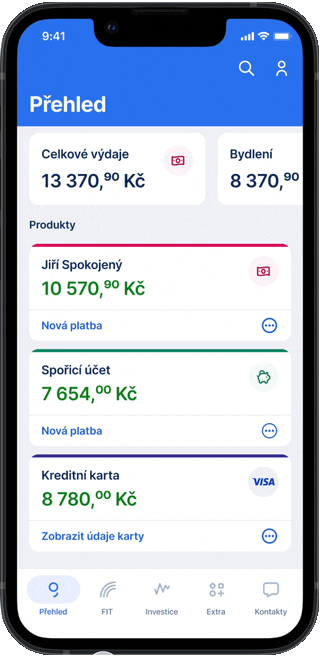 Mobile banking app screen showing a financial overview with various account balances in CZK.